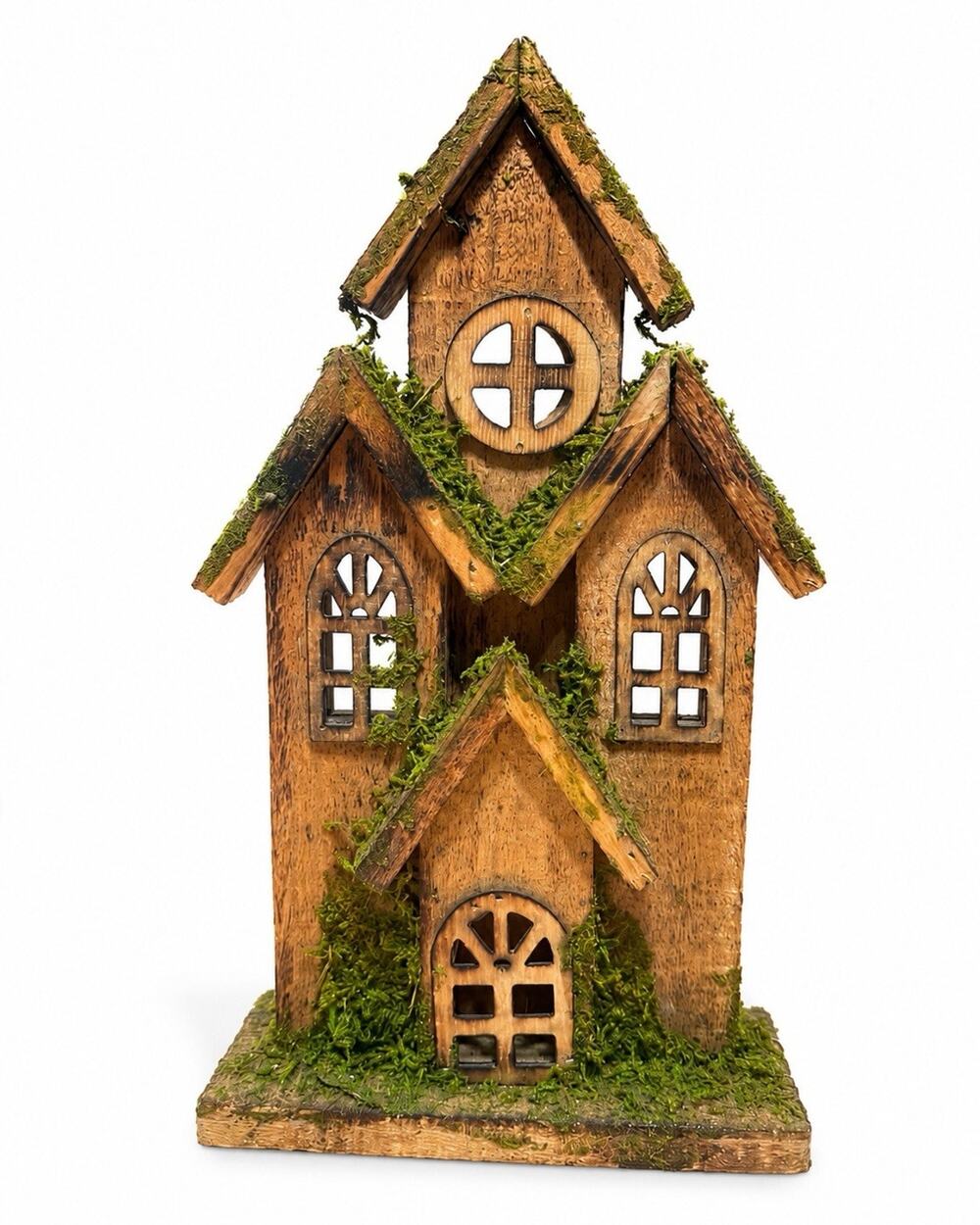 Primitive Wooden Spring Garden Fairy Farm House w/Moss Vtg Style 12”X7”